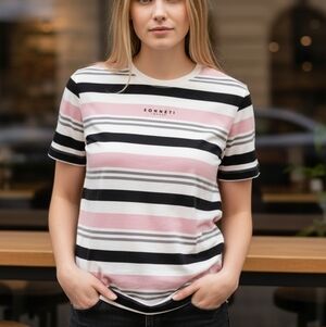SONNETI London Striped Tee L Pink Black White Indie Sleaze Retro